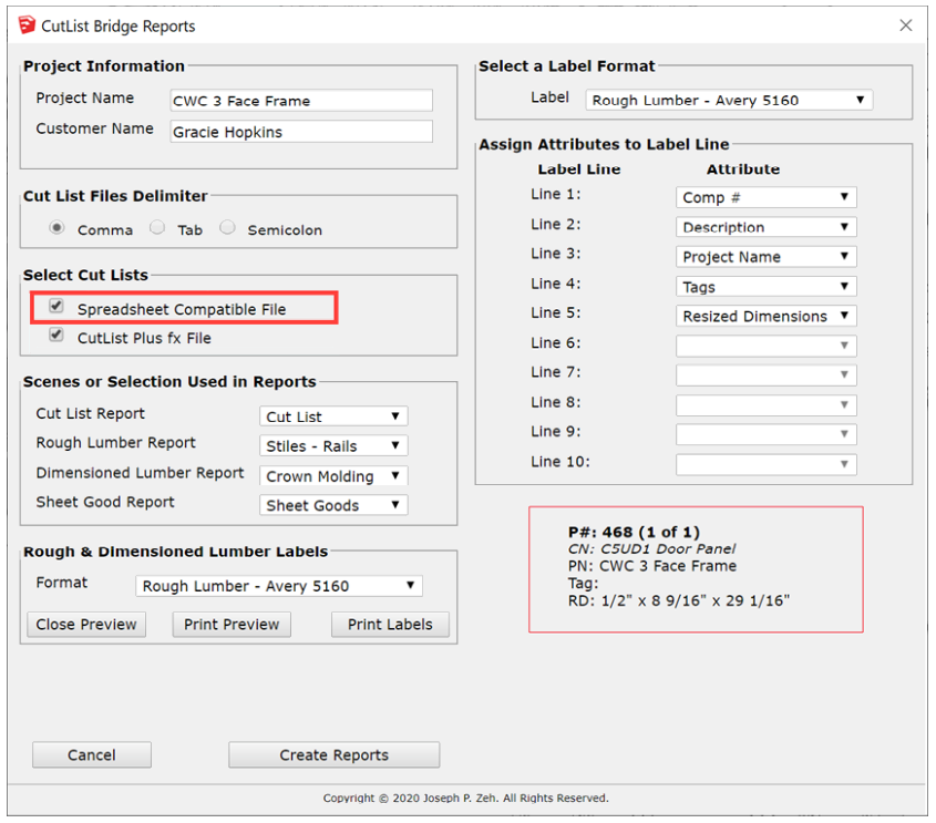 CutList Bridge Reports dialog, spreadsheet compatible file option