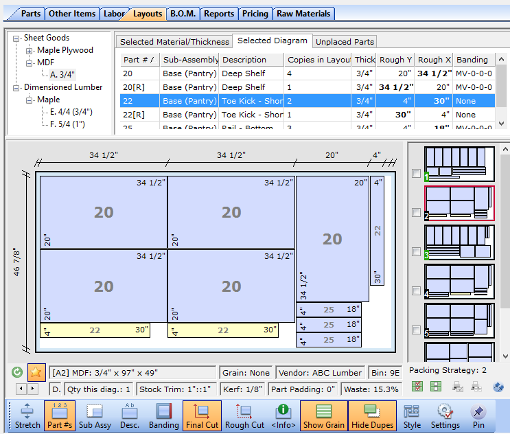 CutList Plus Cutting Diagram Software: Sheet Layout 