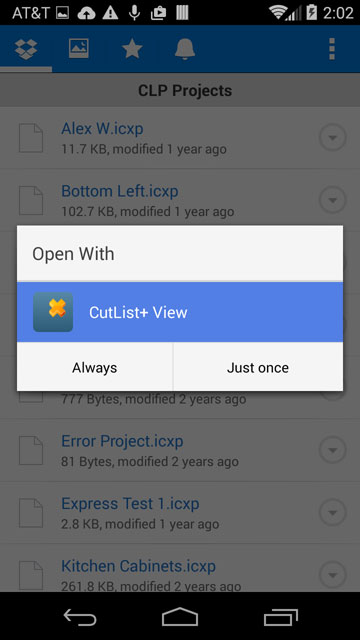 Open With CutList Plus from Dropbox in Android