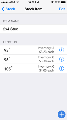 Stock Lengths screen