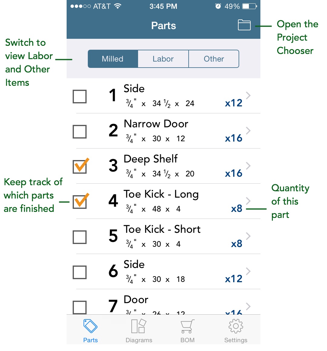 Parts List screen (iOS)