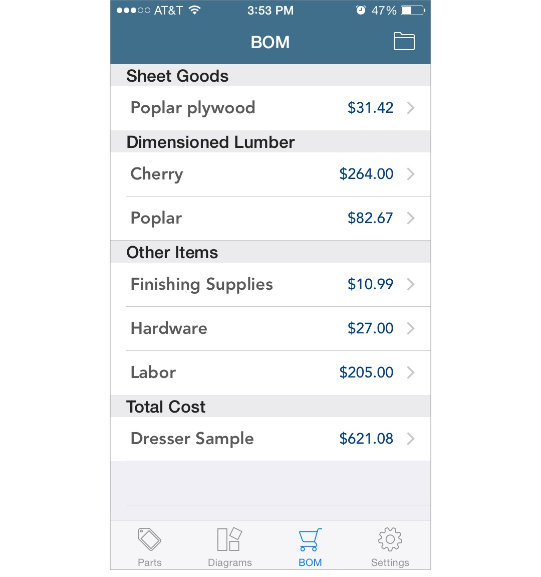 Bill of Materials screen (iOS)